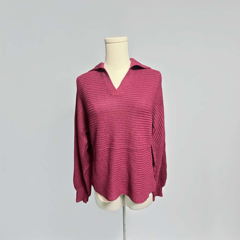 Pink V-Neck Collared Long Sleeve Knit Sweater